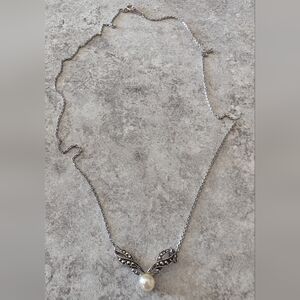 Vintage Avon Silver Tone Marcasite Necklace with A Faux Pearl Accent